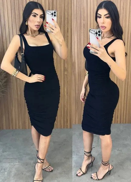 Vestido Midi Regata Drapeado - Preto