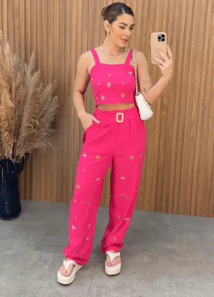 Conjunto Tais Linho Bordado - Pink