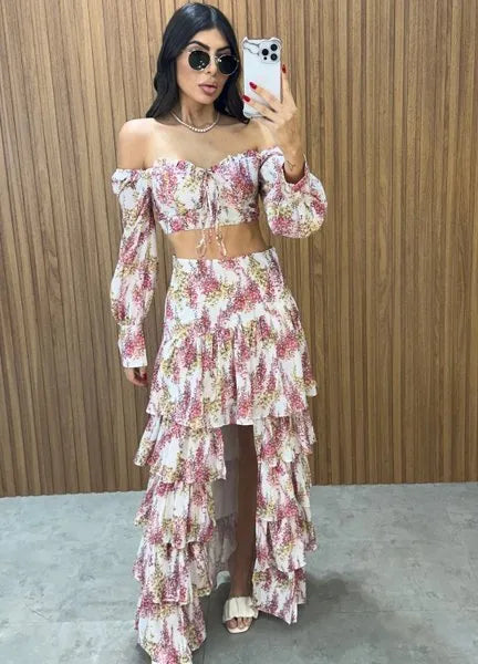 Conjunto Búzios Floral - Off/Rosa