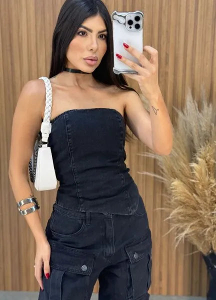 Blusa Jeans Assimétrico Alcance - Preto