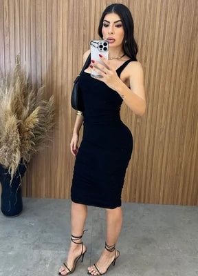 Vestido Midi Regata Drapeado - Preto