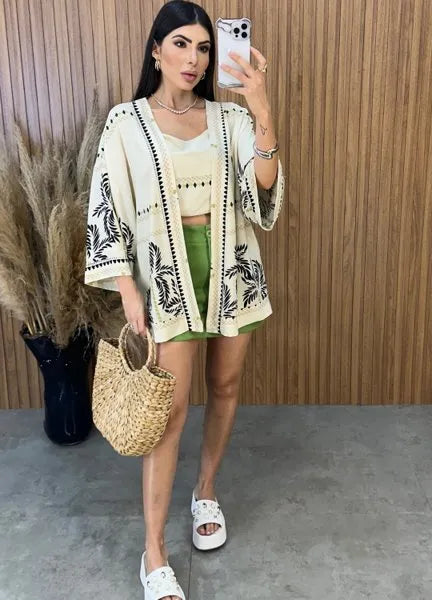 Conjunto Kimono Verão - Off/Preto