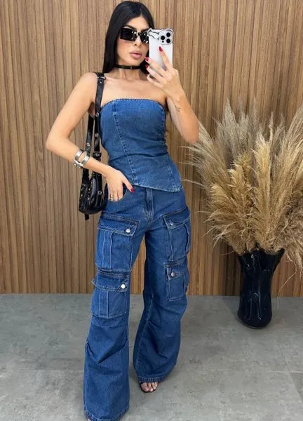 Calça Jeans Cargo Alcance - Lavagem Escura
