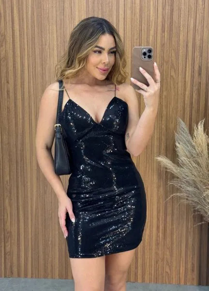 Vestido Paetê Luxo - Preto