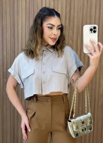 Camisa Cropped Linho - Caqui
