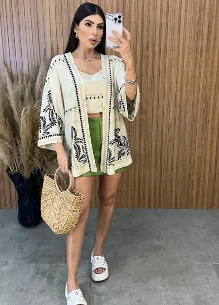 Conjunto Kimono Verão - Off/Preto