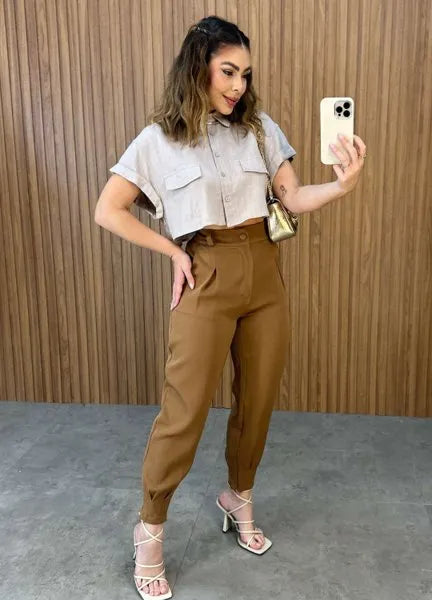 Camisa Cropped Linho - Caqui