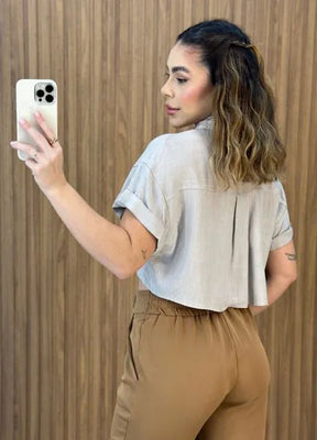 Camisa Cropped Linho - Caqui