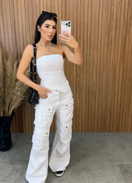 Calça Jeans Cargo Alcance - Branca