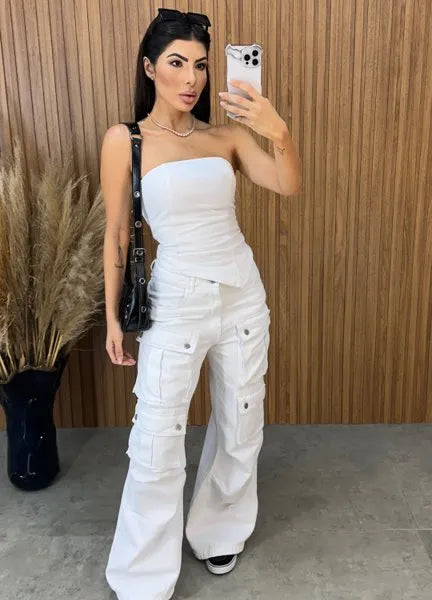 Calça Jeans Cargo Alcance - Branca