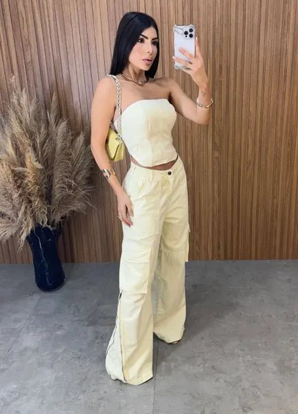 Calça Jeans Cargo Alcance - Amarela