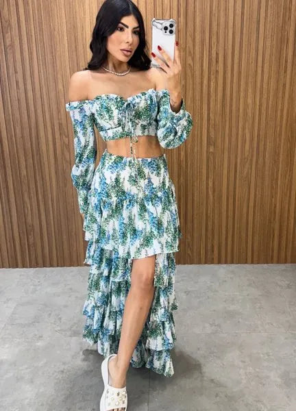 Conjunto Búzios Floral - Off/Verde