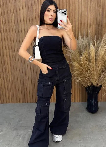 Calça Jeans Cargo Alcance - Preta