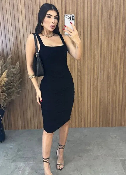 Vestido Midi Regata Drapeado - Preto