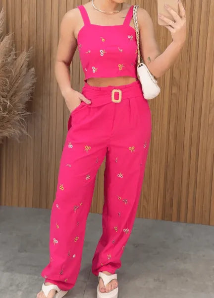 Conjunto Tais Linho Bordado - Pink