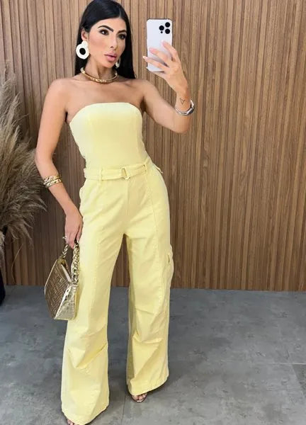 Macacão Jeans Alcance - Amarelo