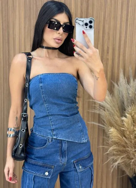 Blusa Jeans Assimétrico Alcance - Lavagem Escura