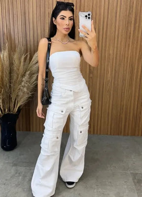 Calça Jeans Cargo Alcance - Branca