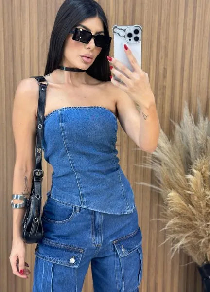 Blusa Jeans Assimétrico Alcance - Lavagem Escura