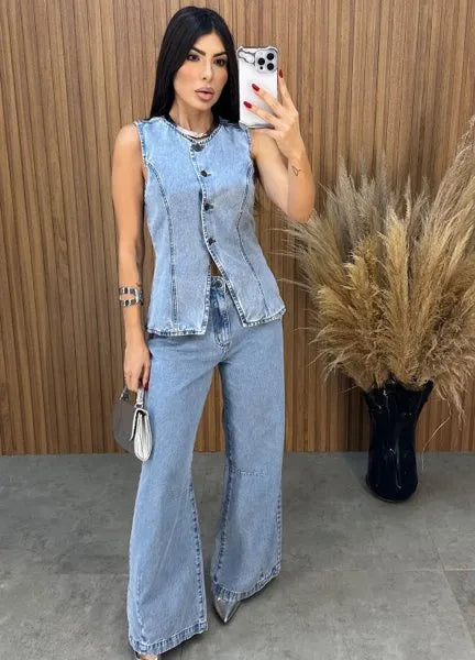 Calça Jeans Wide Leg Alcance - Lavagem Média