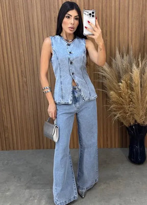 Calça Jeans Wide Leg Alcance - Lavagem Média