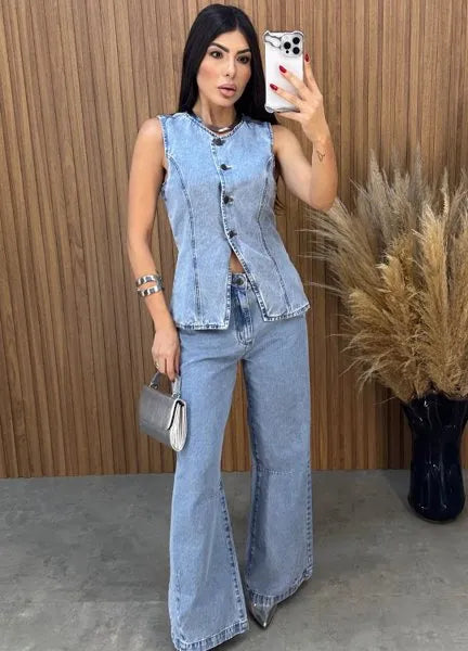 Calça Jeans Wide Leg Alcance - Lavagem Média