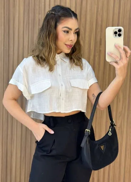 Camisa Cropped Linho - Off
