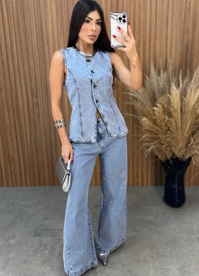Calça Jeans Wide Leg Alcance - Lavagem Média