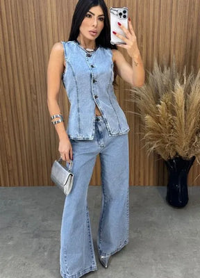 Calça Jeans Wide Leg Alcance - Lavagem Média