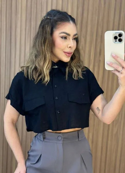 Camisa Cropped Linho - Preto