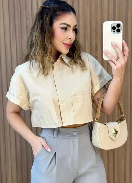 Camisa cropped Aline - Nude