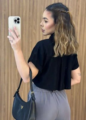 Camisa Cropped Linho - Preto