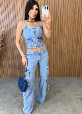 Calça Jeans Cargo - Lavagem Média