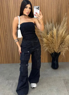 Calça Jeans Cargo Alcance - Preta
