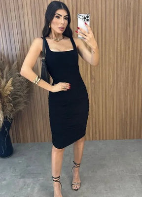 Vestido Midi Regata Drapeado - Preto