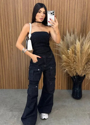 Calça Jeans Cargo Alcance - Preta