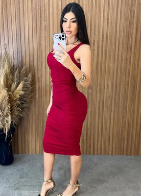 Vestido Midi Regata Drapeado - Vermelho
