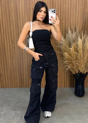 Calça Jeans Cargo Alcance - Preta