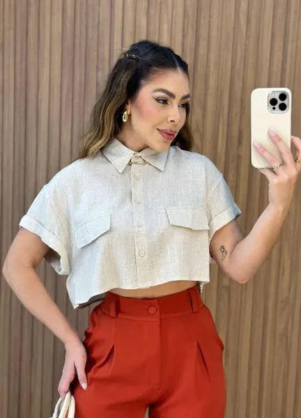 Camisa Cropped Linho - Cru