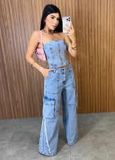 Calça Jeans Cargo Alcance - Lavagem Média