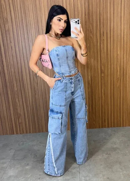 Calça Jeans Cargo Alcance - Lavagem Média