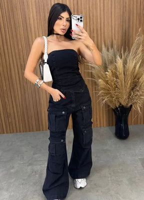 Calça Jeans Cargo Alcance - Preta
