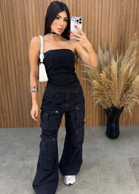 Calça Jeans Cargo Alcance - Preta