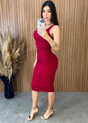 Vestido Midi Regata Drapeado - Vermelho