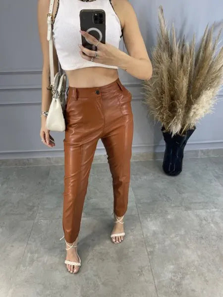 Calça Mônaco Couro Eco - Caramelo