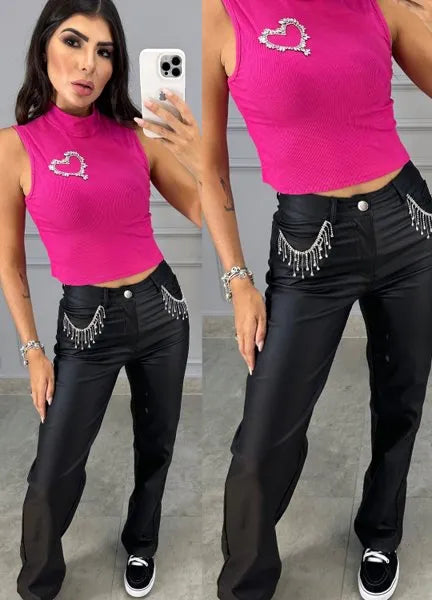 Calça Resinada Wide Leg Pedrarias - Preta