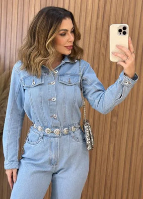 Macacão Jeans Manga Longa- Lavagem Clara