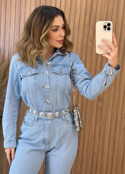 Macacão Jeans Manga Longa- Lavagem Clara