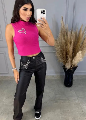 Calça Resinada Wide Leg Pedrarias - Preta