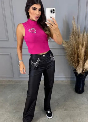 Calça Resinada Wide Leg Pedrarias - Preta